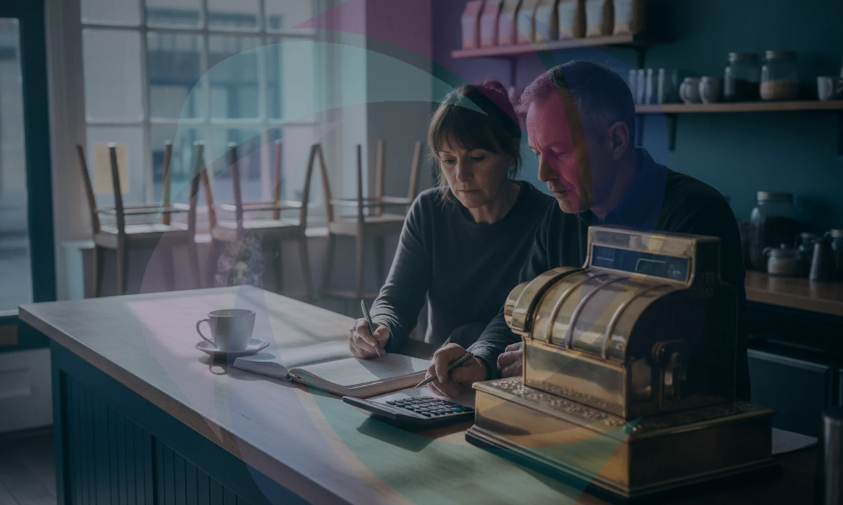 A café counter with a ledger, calculator and mug of tea before opening, representing small employers working out what Budget 2026 means for wages and business rates