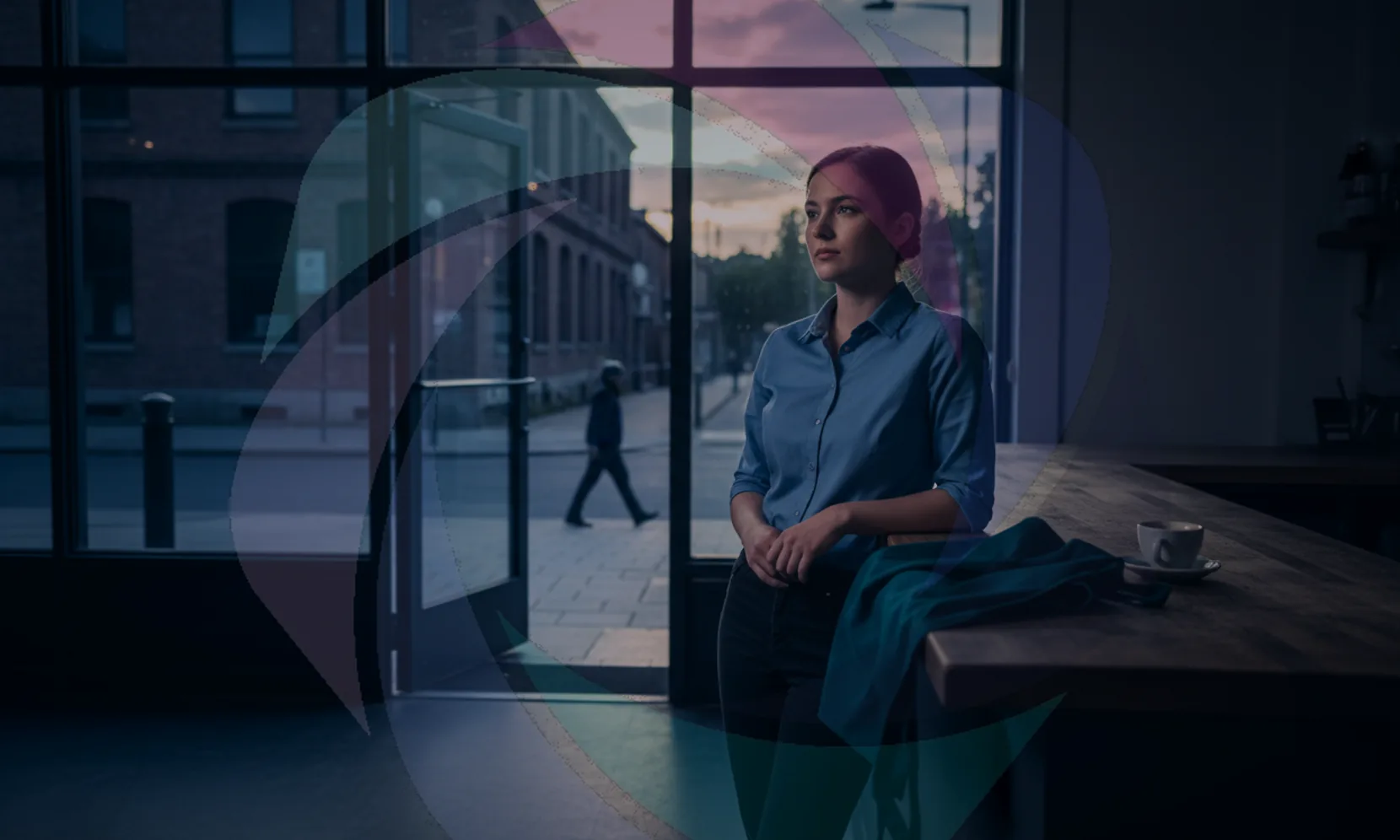 Worried employee standing at a cafe counter at dusk as a customer walks past the door, illustrating third-party harassment at work