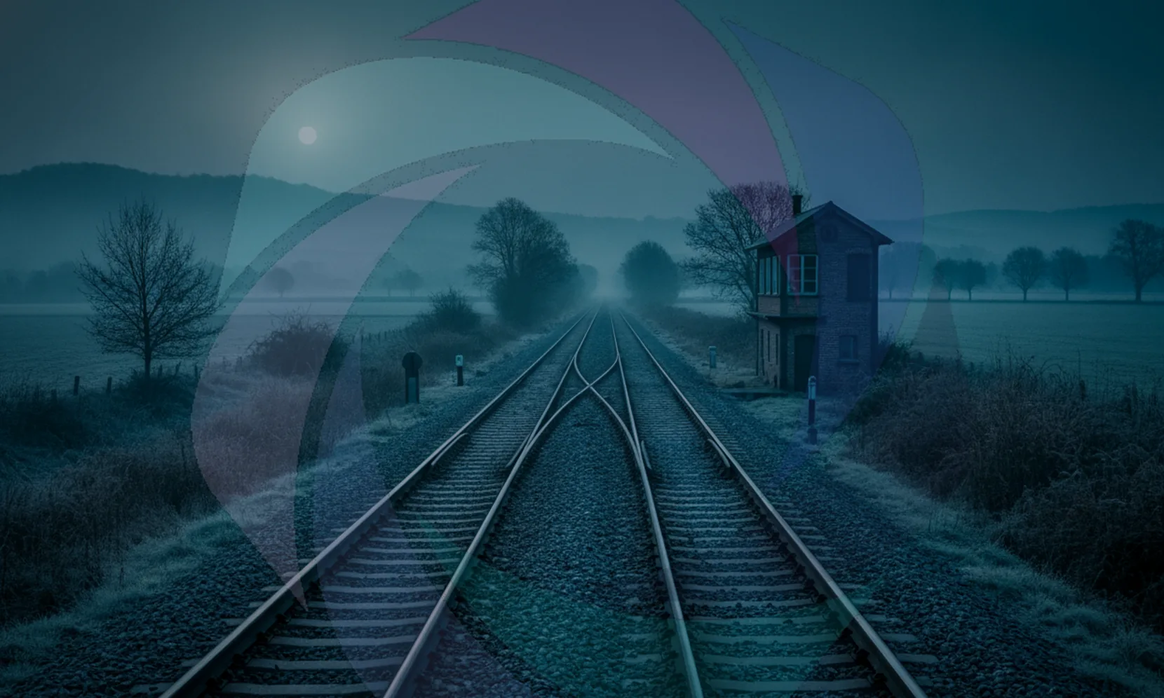 Railway tracks splitting into two lines beside a signal box under a misty moonlit sky, illustrating the two October 2026 employment law deadlines